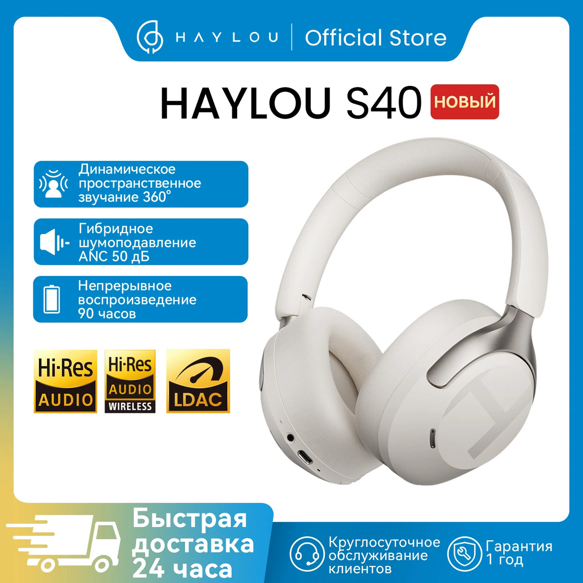 HAYLOU S40 ANC Cuffie wireless Bluetooth 6.0 Audio ad alta risoluzione Cuffie over Ear Auricolari ibridi con cancellazione attiva del rumore da 50 dB