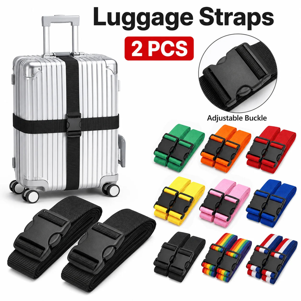 2 Pezzi Cinghie per Valigie a Forma Dritta, Cintura per Bagagli in Poliestere con Fibbia Regolabile, Accessorio da Viaggio Unisex