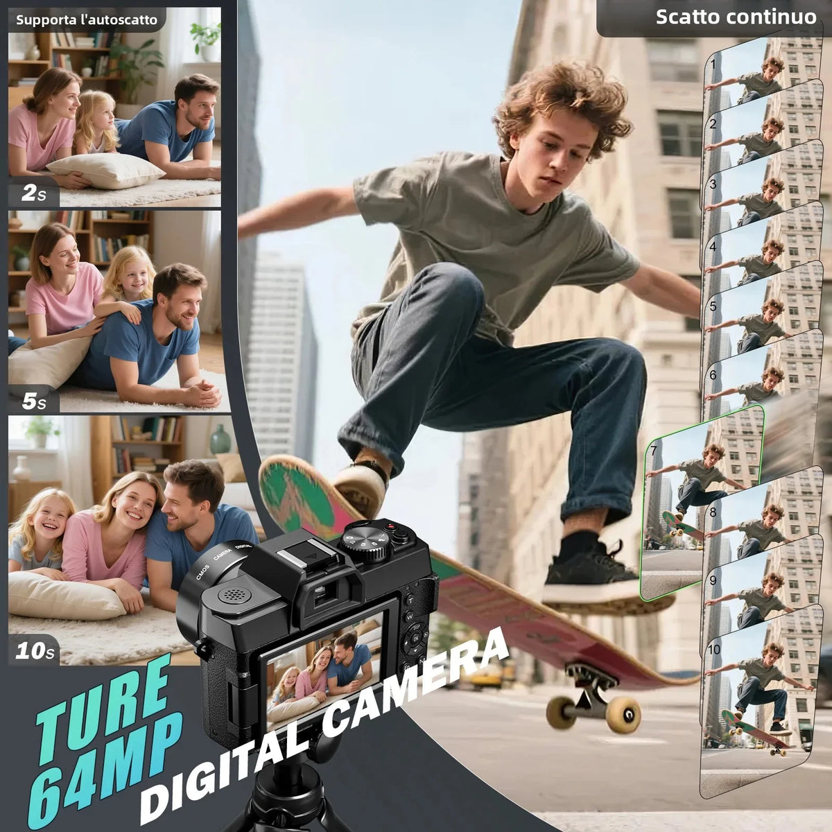 Fotocamera digitale NBD 5K 64MP, 180 ° Fotocamera per Vlogging con Schermo Ribaltabile, Anti-Shake, Zoom 16X, WiFi, Scheda TF da 64GB Inclusa