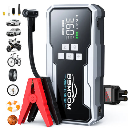 Avviatore di Emergenza Portatile per Auto 1500A, Compressore d'Aria 150PSI 26800mAh/21800mAh, Power Bank con Pompa d'Aria per Gonfiaggio Pneumatici, Avviatore di Emergenza per Auto, Avvia Rapidamente l'Auto, Ingresso/Uscita U