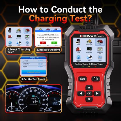 Tester Batteria Auto 2in1 KONNWEI KW371 2026 e Tester Relè a 4 Pin 5 Pin 6V 12V 24V con Stampa Dati Guasto, Test Avvio e Strumento di Scansione Ricarica