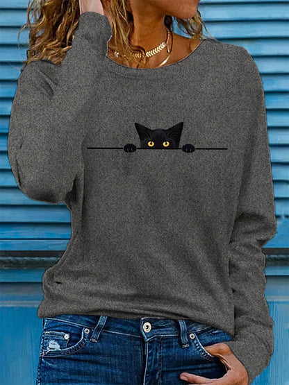 T-shirt da donna in 100% puro cotone, ideale per la primavera e l'autunno, comoda, casual, alla moda, con maniche lunghe, stampa grafica a tema felino e scollo rotondo.