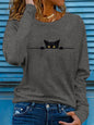 T-shirt da donna in 100% puro cotone, ideale per la primavera e l'autunno, comoda, casual, alla moda, con maniche lunghe, stampa grafica a tema felino e scollo rotondo.