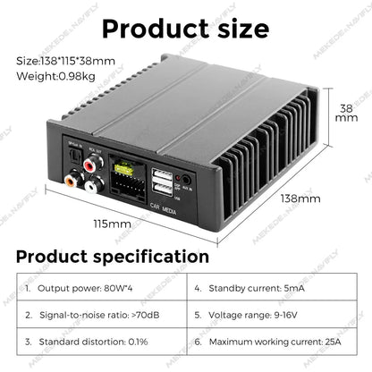 Amplificatore DSP per auto MEKEDE 4*80 W, compatibile con autoradio Android, regolazione EQ tramite app, plug-and-play, supporto fibra ottica/coassiale/AUX/RCA/USB