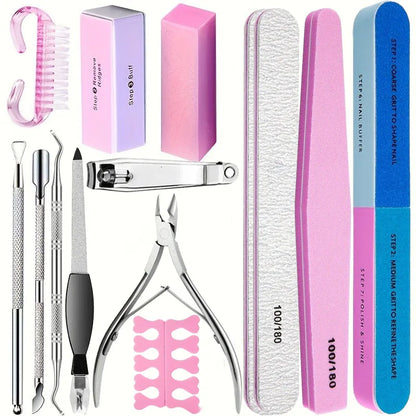 Kit Professionale per Nail Art da 10/15 Pezzi con Lime Grana 100/180, Spugna Buffer, Pennello, Forbici, Tronchesine per Cuticole, Spingicuticole, Strumenti per Gel Polish