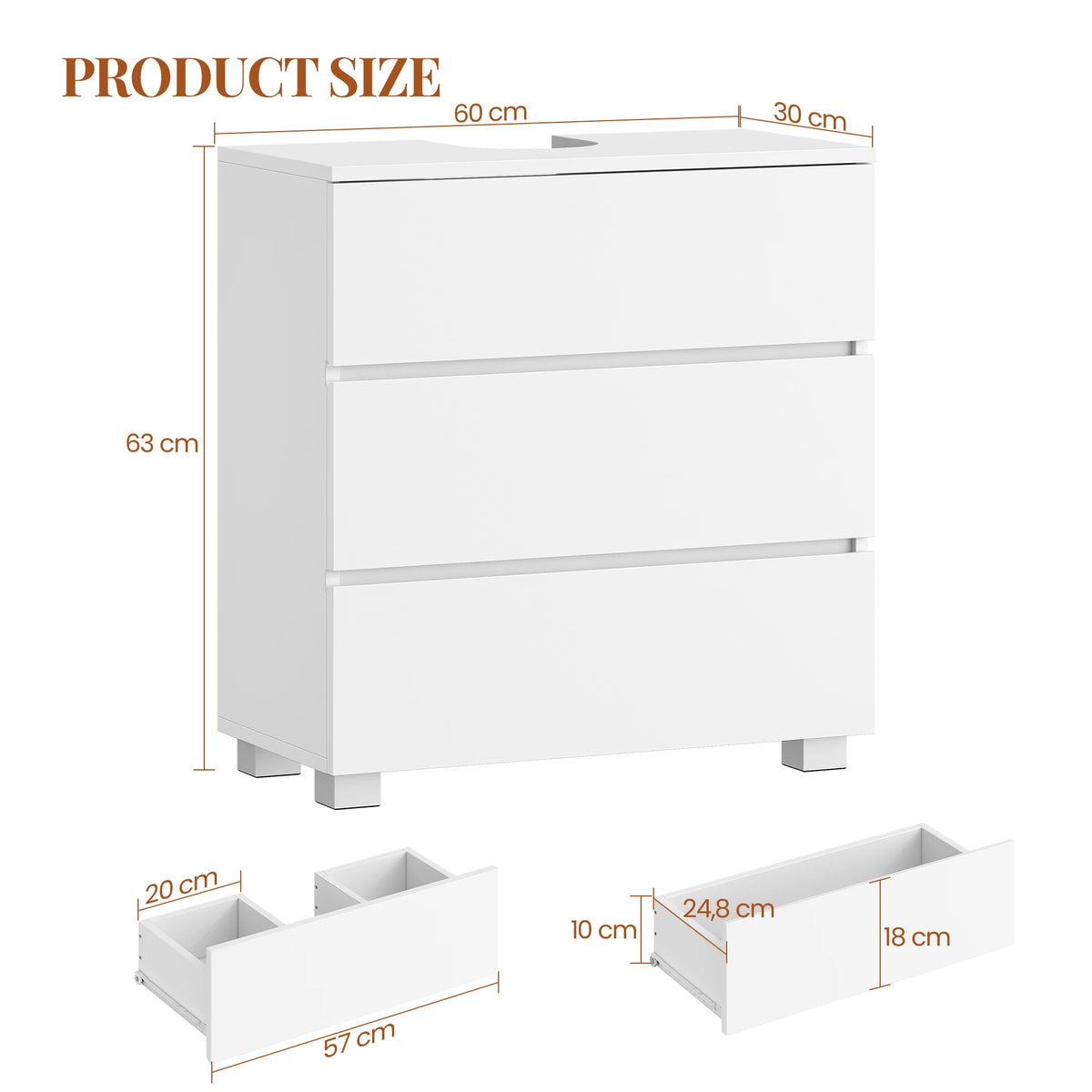Mobile da bagno con 3 cassetti grandi, 30 x 60 x 63 cm, mobile base da bagno con piedini, mobile da toeletta indipendente