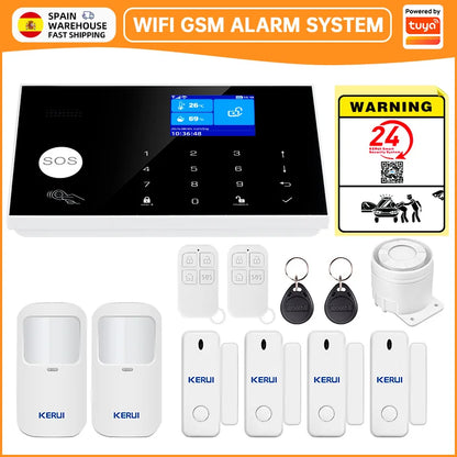Sistema di Allarme KERUI WIFI GSM con Supporto per 3 Zone Cablate, Allarme Domestico Antifurto Compatibile con Tuya Smart, Sensore PIR 433MHz per Protezione di Sicurezza