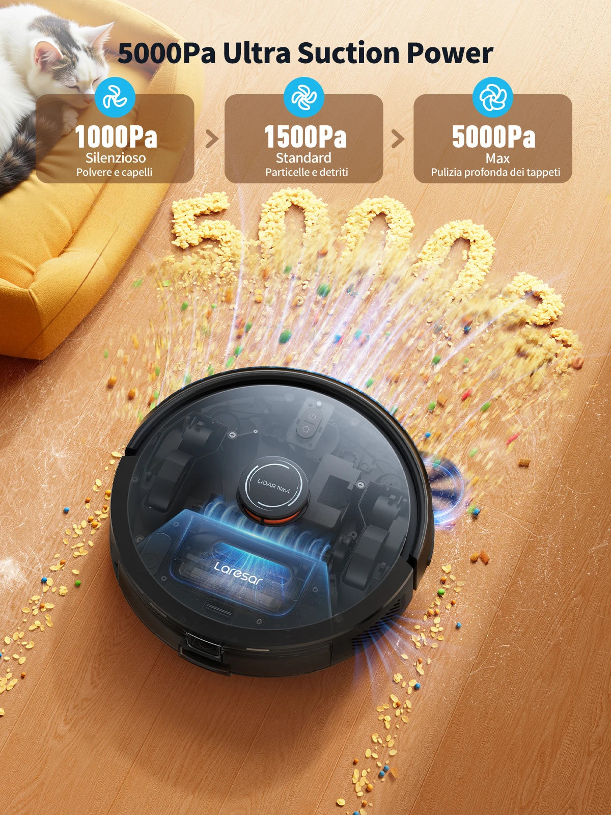 Laresar L20 Robot Aspirapolvere con 5000Pa di Aspirazione, Navigazione LDS, Stazione di Svuotamento Automatico, Controllo Smart APP per Pavimenti e Tappeti