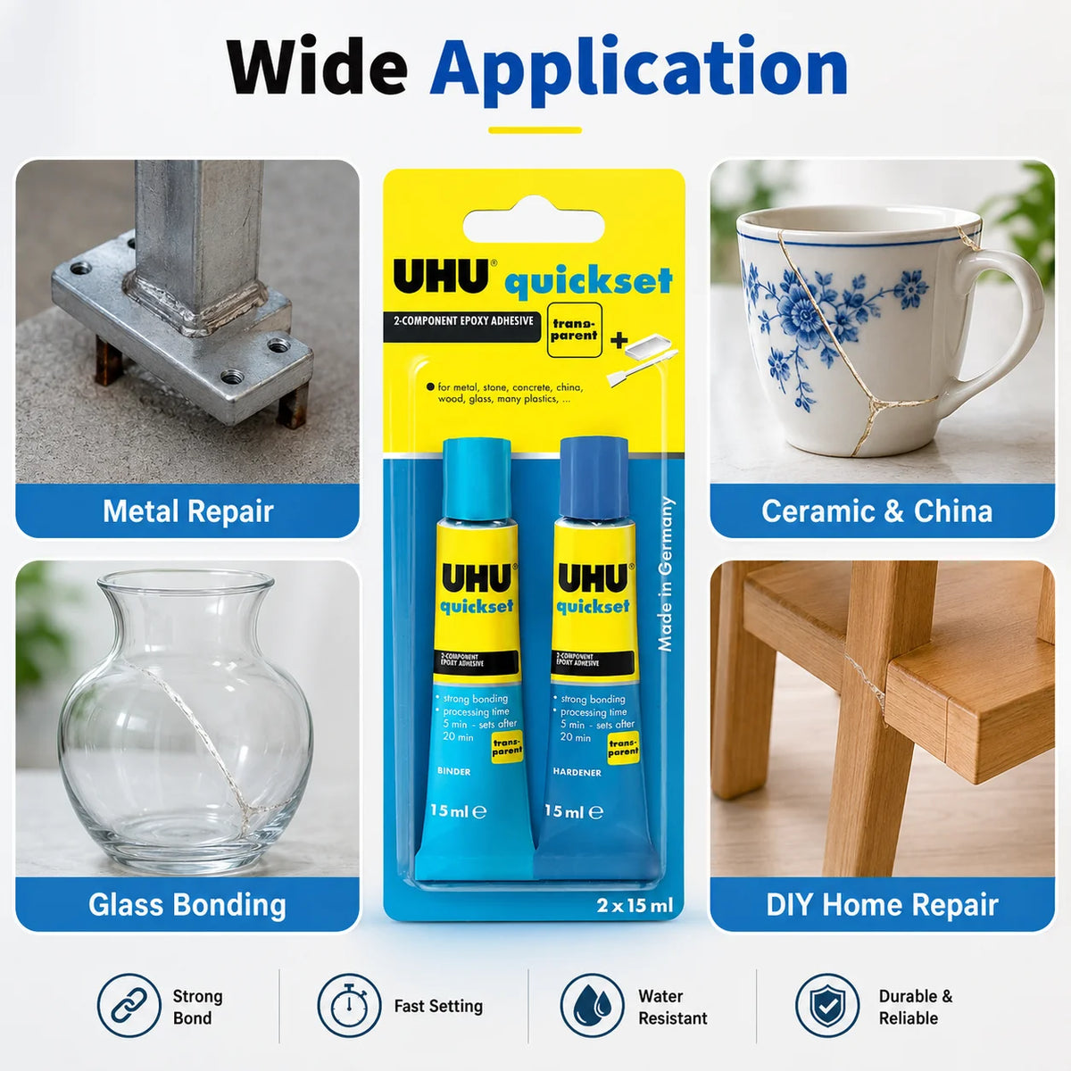 Adesivo Epossidico UHU Quickset 30ml Trasparente Colla Bicomponente AB ad Asciugatura Rapida per Riparazioni di Metallo, Ceramica, Vetro e Plastica
