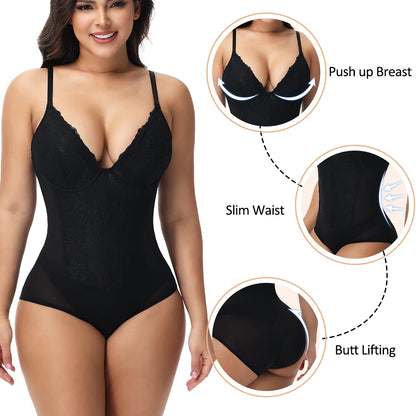 Body modellante in pizzo da donna con ferretto, controllo della pancia, modellante per tutto il corpo, corsetto con scollo a V, top, tuta, slip, lingerie, abbigliamento sexy