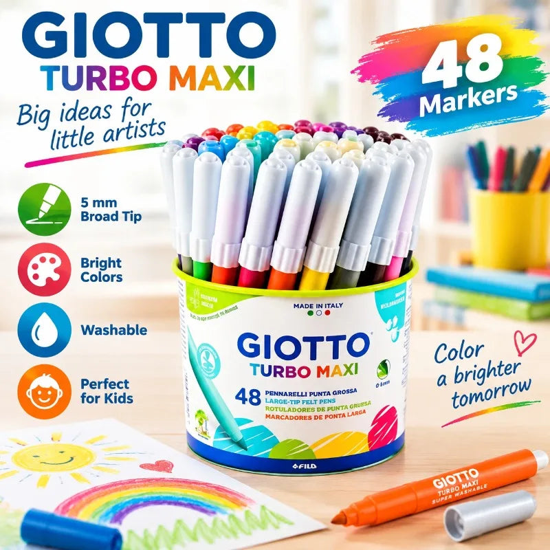 GIOTTO Set da 48 Pennarelli Lavabili con Punta in Feltro Turbo Maxi 5mm, Pennarelli Jumbo per Bambini, Scuola, Casa, Disegno, Colorazione, Set Artistico Creativo