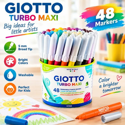 GIOTTO Set da 48 Pennarelli Lavabili con Punta in Feltro Turbo Maxi 5mm, Pennarelli Jumbo per Bambini, Scuola, Casa, Disegno, Colorazione, Set Artistico Creativo