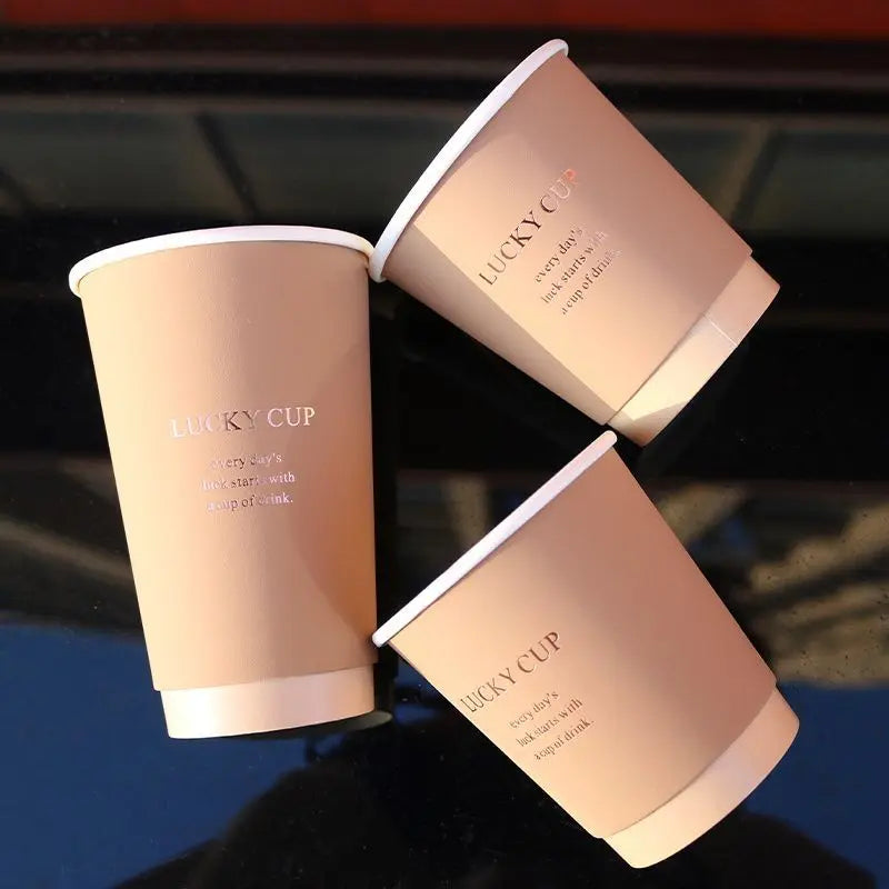 50 pz 330/400/500 ml Bicchieri di carta usa e getta Marrone Stampa a caldo Tazza di tè al latte con coperchio Boccale di caffè per bevande calde e fredde a doppio strato
