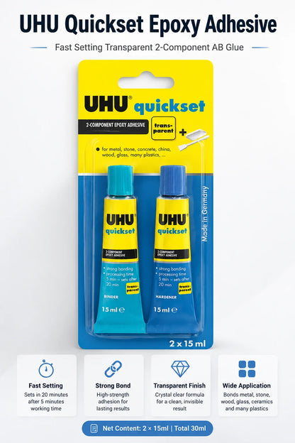 Adesivo Epossidico UHU Quickset 30ml Trasparente Colla Bicomponente AB ad Asciugatura Rapida per Riparazioni di Metallo, Ceramica, Vetro e Plastica