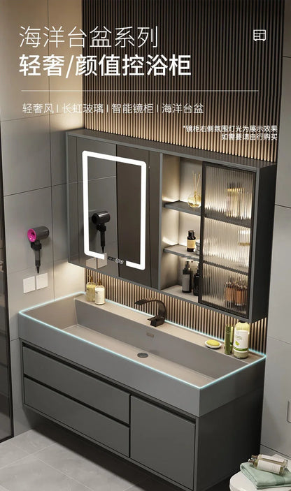 Combinazione di mobile lavabo e specchio da bagno in nano-roccia di lusso leggero