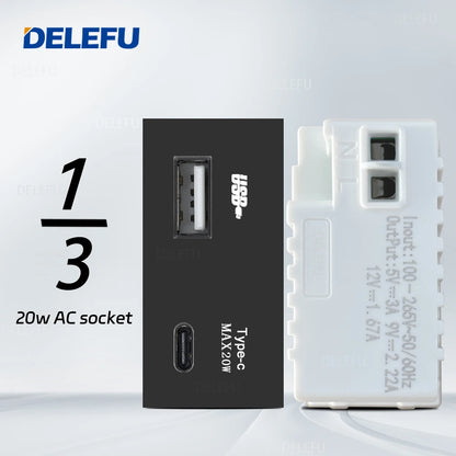 DELEFU Presa Italiana Fai-da-te con USB Tipo C, Interruttore Campanello, 45A 20A, per Tende, Telefono, CAT5, TV, HDMI, SAT, Nera