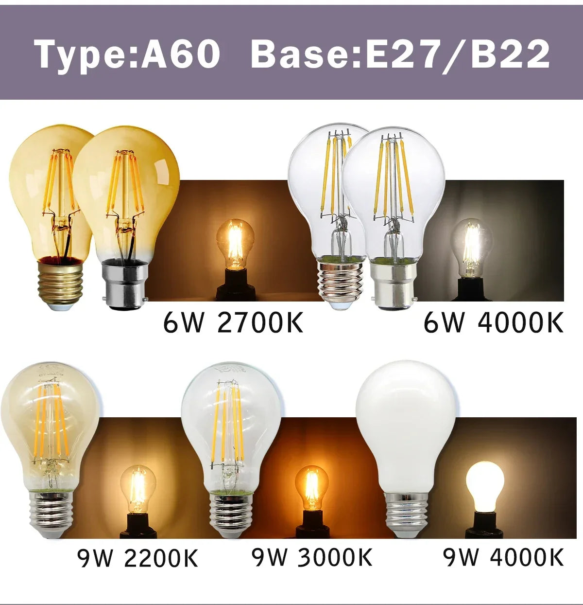 Confezione da 10 lampadine a filamento LED per E27 B22 220V 240V 4W 6W 9W Lampadine a LED bianche calde Lampada in vetro vintage