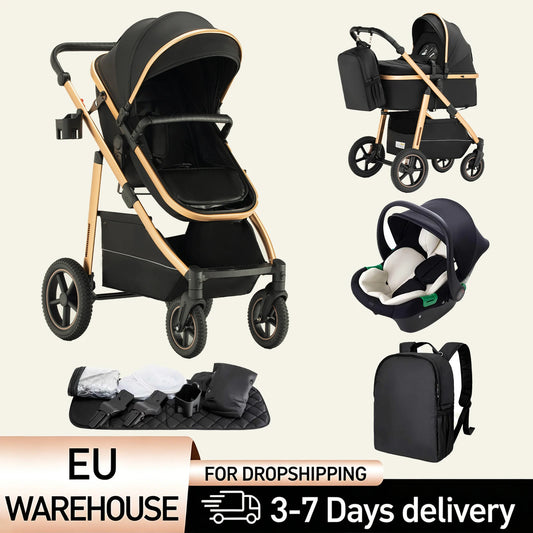 Passeggino 3 in 1 High Landscape per Neonati, Carrozzina Pieghevole Portatile di Lusso con Seggiolino Auto e Navicella da Viaggio