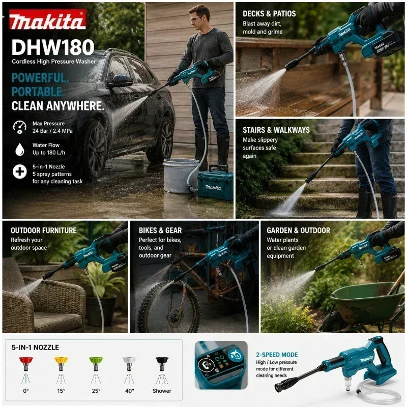 Idropulitrice Portatile a Batteria Makita DHW180 18V per Auto, Moto, Giardino e Patio - Compatibile con Batterie Makita 18V - Disponibilità EU