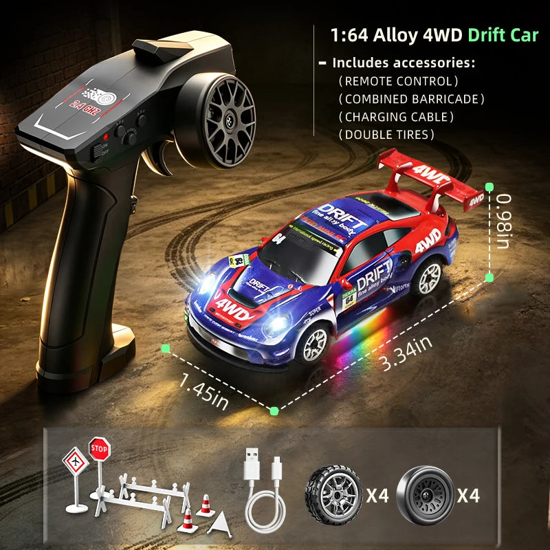 Auto RC da Drift ad Alta Velocità 1/64 con Luci, Auto Telecomandata 4WD 2.4G, Mini Auto da Corsa da Scrivania, Modellino in Scala, Giocattolo Regalo per Ragazzi