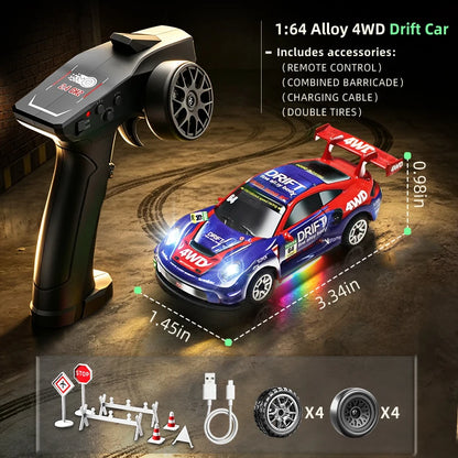 Auto RC da Drift ad Alta Velocità 1/64 con Luci, Auto Telecomandata 4WD 2.4G, Mini Auto da Corsa da Scrivania, Modellino in Scala, Giocattolo Regalo per Ragazzi