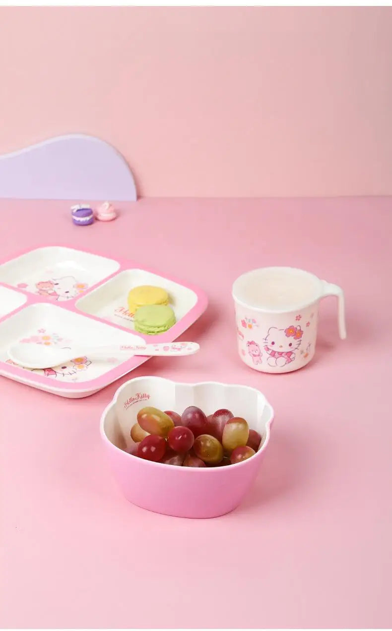 Set di stoviglie in melamina Hello Kitty per bambini - Ciotole, piatti, cucchiai e tazze anti-scottatura con simpatico design a cartoni animati