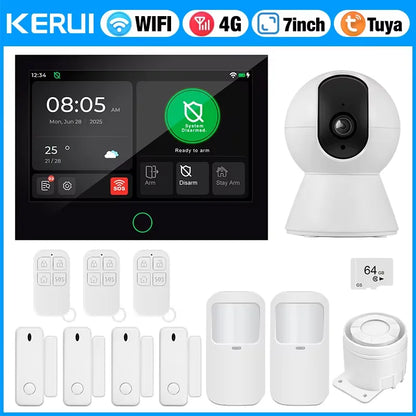 KERUI NUOVO Allarme domestico wireless 4G + WiFi con ampio touch screen IPS da 7 pollici Sistema di allarme intelligente Tuya con sensore di movimento per la casa