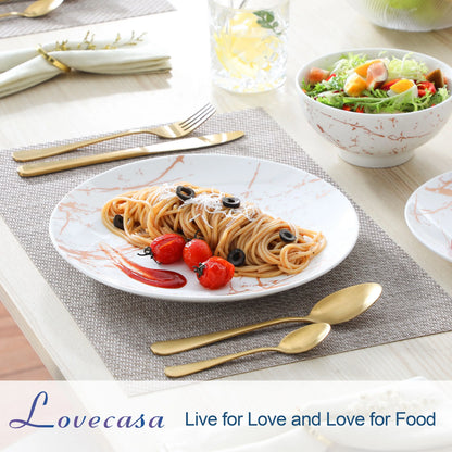 LOVECASA Set di piatti in ceramica da 12/24 pezzi Color smalto bianco con Set di stoviglie in oro con cena/Dessert/ciotola da 4/8 pezzi per 4/8 persone