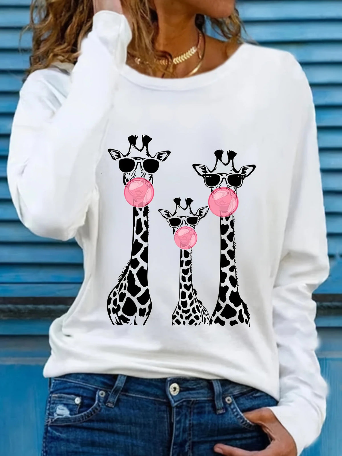 T-shirt da donna in 100% puro cotone, a maniche lunghe, con scollo rotondo, stile casual, con stampa grafica floreale, vestibilità ampia, ideale per la primavera e l'autunno.