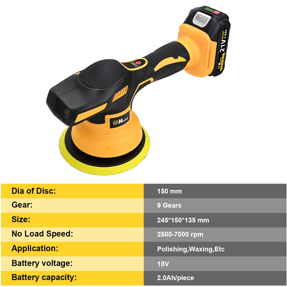Lucidatrice Elettrica per Auto Hecus 9 Velocità, Senza Fili, con Display Digitale, Utensile Rotante per Lucidatura e Ceratura, Compatibile con Batteria Makita 18V