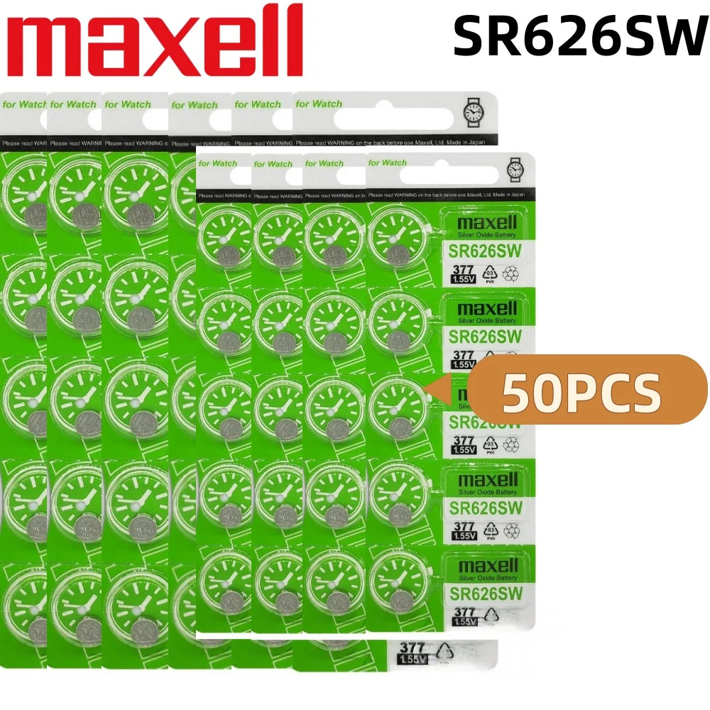 Batteria per orologi Maxell SR626SW, a ossido d'argento, modello 377 AG4, 1,55 V, senza mercurio, a bottone, per orologi da polso.