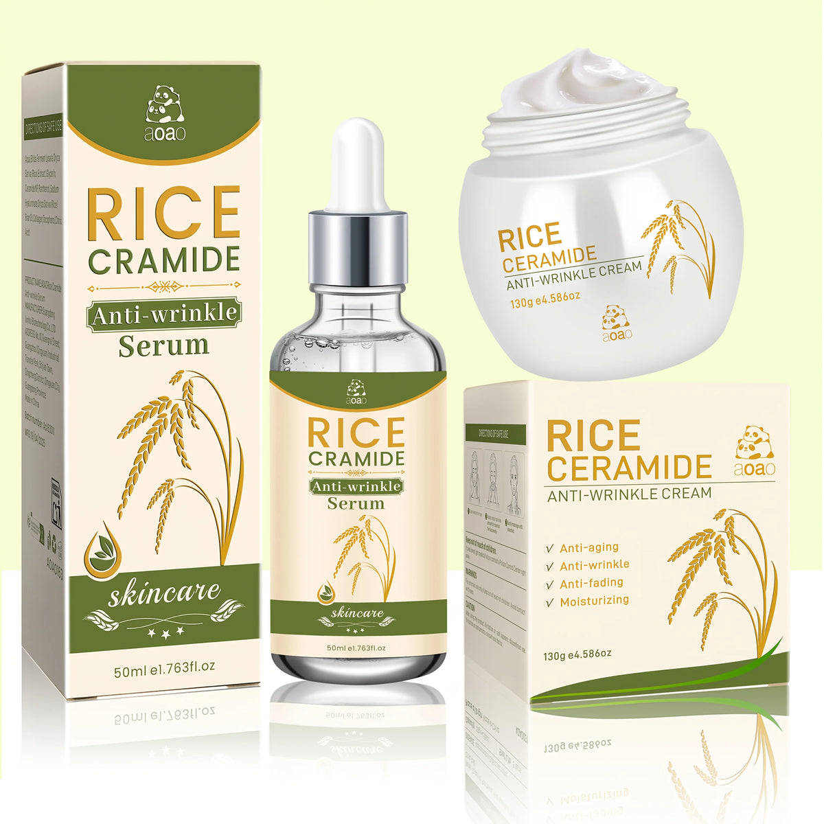 Set di 2 prodotti per la cura del viso anti-rughe a base di riso, contiene 130g di crema e 50ml di essenza per idratazione giorno e notte e rassodamento, cura della pelle anti-rughe che rende la pelle più giovane.