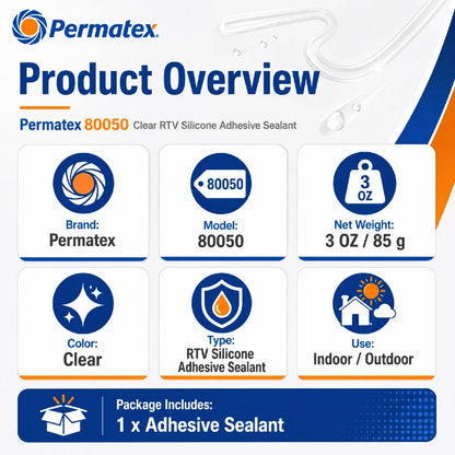Permatex 80050 Adesivo Sigillante Siliconico RTV Trasparente 3oz Colla Flessibile Impermeabile per Vetro Metallo Plastica Vinile