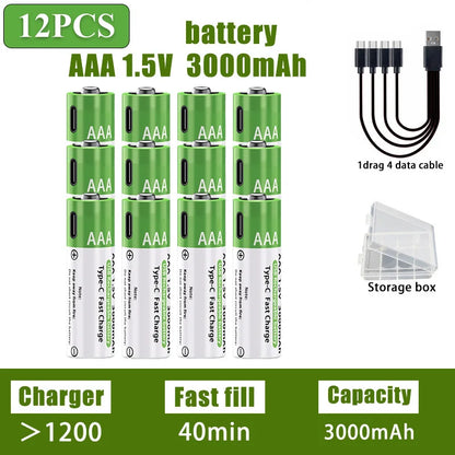 Nuove Batterie al Litio Ricaricabili AA 1.5V 3800mAh + AAA 3000mAh, Ricarica Rapida, 1200 Cicli, con Cavi Gratuiti e Scatola