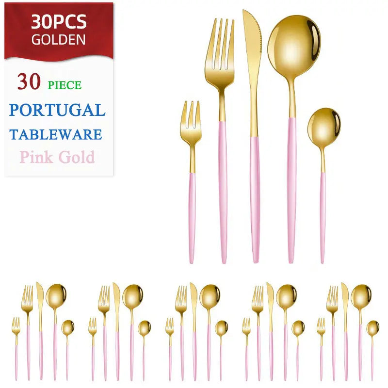 Set di posate dorate da 30 pezzi in acciaio inossidabile, coltelli, forchette, cucchiai, set di stoviglie per banchetti, ristoranti e ospiti