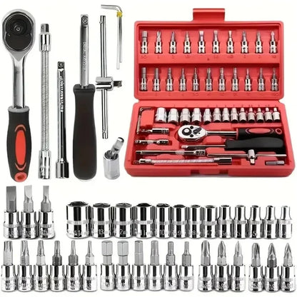 Set di 46 Pezzi di Chiavi a Bussola, Kit di Cacciaviti a Cricchetto, Set di Utensili Manuali per Riparazioni Auto, Manutenzione Biciclette e Riparazioni Meccaniche Domestiche