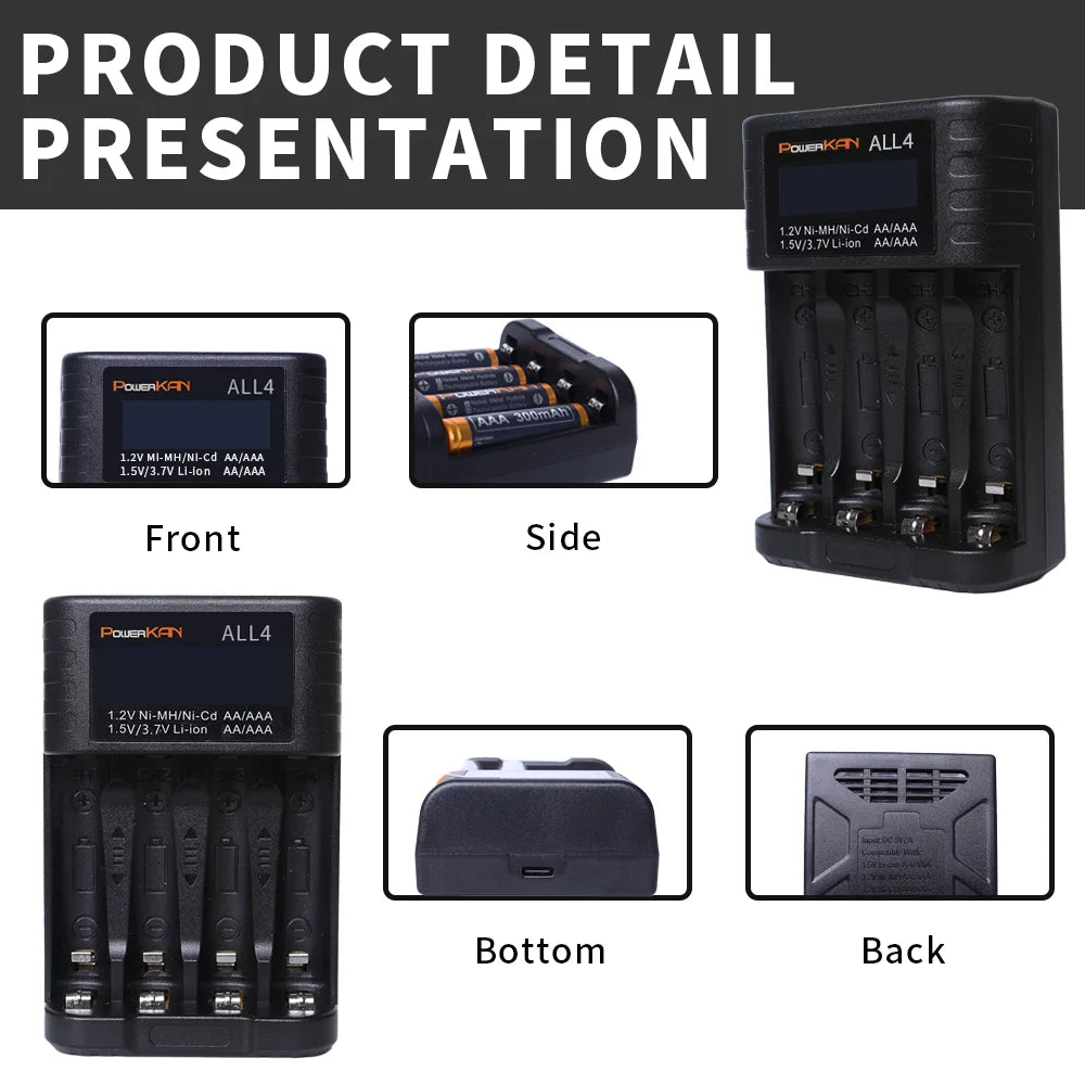 POWERKAN ALL4 AA/AAA Caricabatteria piccolo e conveniente a 4 slot per ioni di litio Hi-MH da 1,2 V e 1,5 V/3,7 V con schermo LCD