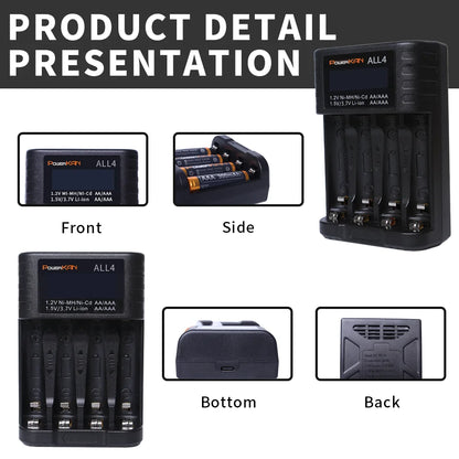POWERKAN ALL4 AA/AAA Caricabatteria piccolo e conveniente a 4 slot per ioni di litio Hi-MH da 1,2 V e 1,5 V/3,7 V con schermo LCD
