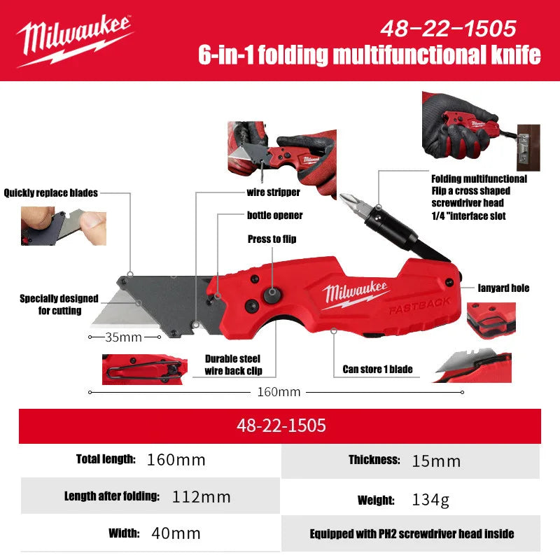 Serie Milwaukee FASTBACK, Coltello Multifunzione Pieghevole 6-in-1, Angolo della Lama Inferiore a 60 Gradi ° Coltello pieghevole con custodia, coltello artistico