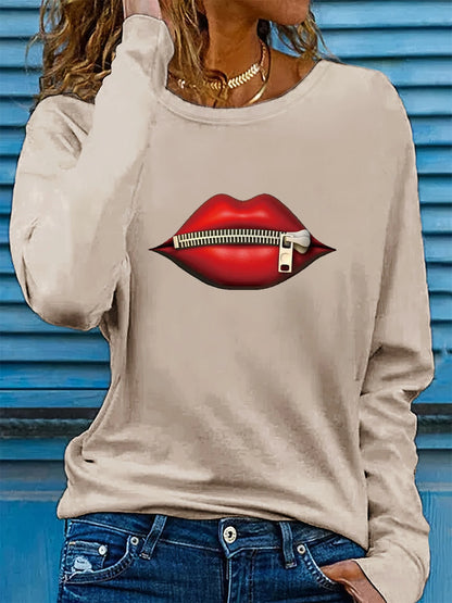 T-shirt da donna in 100% puro cotone, ideale per la primavera e l'autunno, dal taglio ampio e casual, con stampa a forma di labbra, cerniera, stampa grafica e maniche lunghe, scollo rotondo.