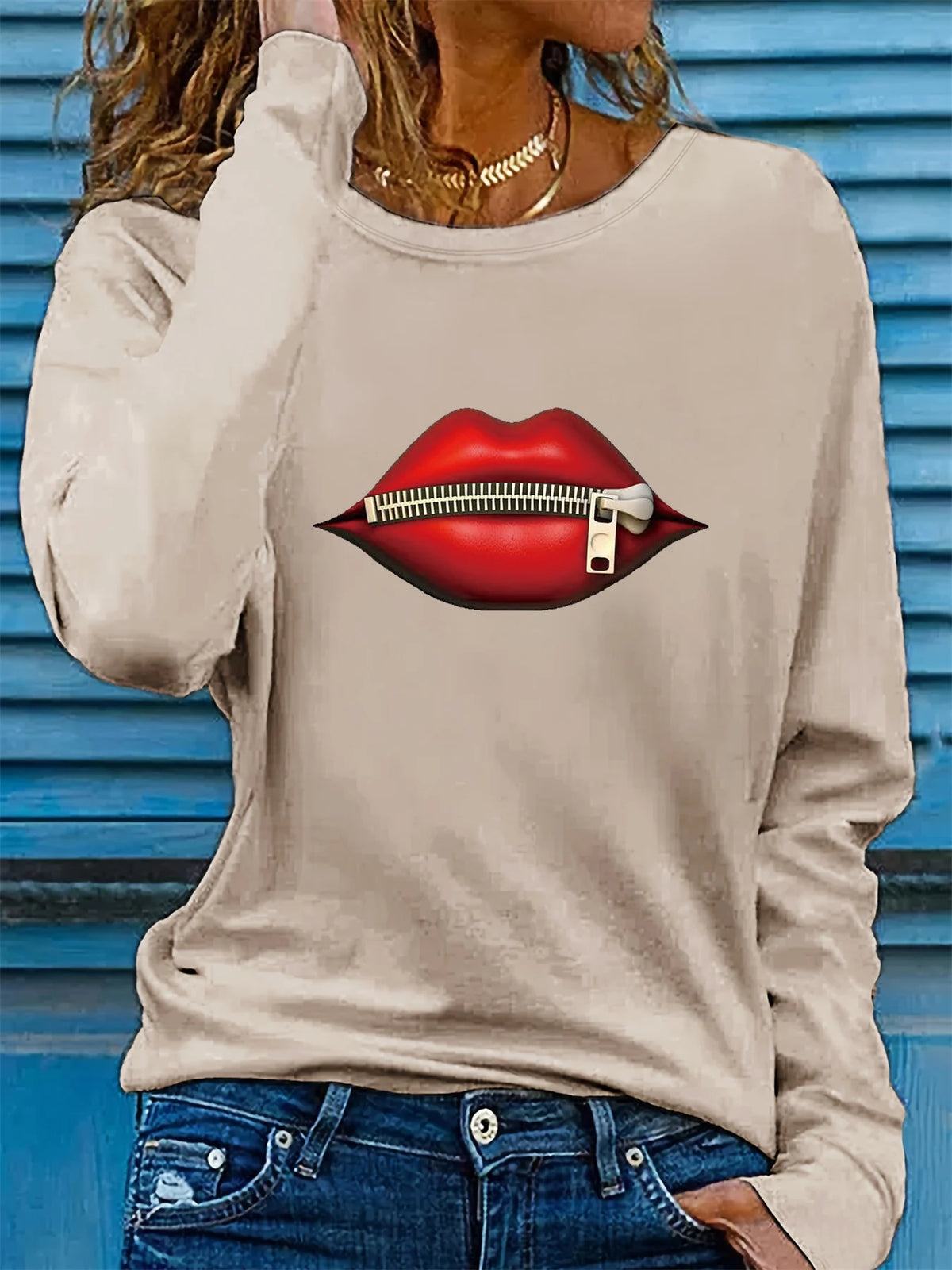 T-shirt da donna in 100% puro cotone, ideale per la primavera e l'autunno, dal taglio ampio e casual, con stampa a forma di labbra, cerniera, stampa grafica e maniche lunghe, scollo rotondo.