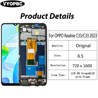 Display LCD da 6,5' per OPPO Realme C33 2023, digitalizzatore touchscreen completo con telaio di ricambio, parti di ricambio RMX3624 RMX3627