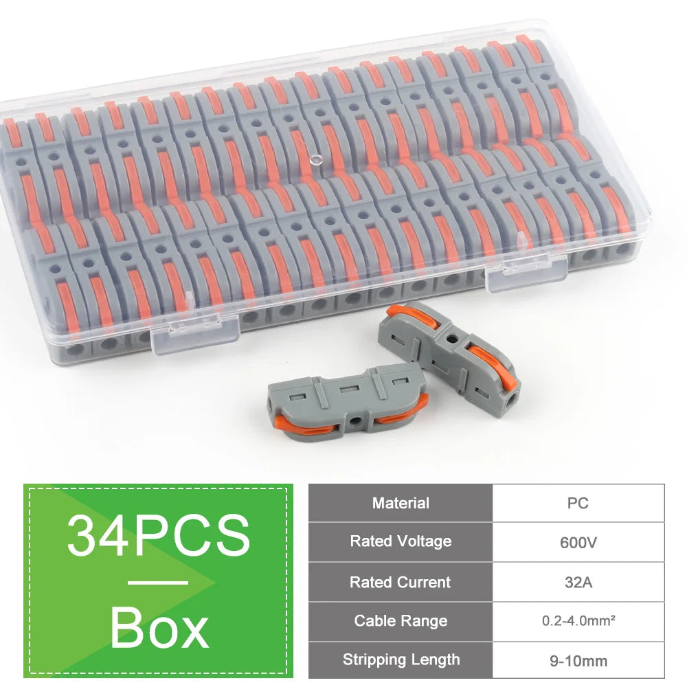 34PCS Leva in scatola Connettori rapidi per cavi domestici Terminali Conduttore Giuntabile Blocco di cablaggio di testa Connettori elettrici riutilizzabili