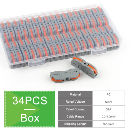 34PCS Leva in scatola Connettori rapidi per cavi domestici Terminali Conduttore Giuntabile Blocco di cablaggio di testa Connettori elettrici riutilizzabili