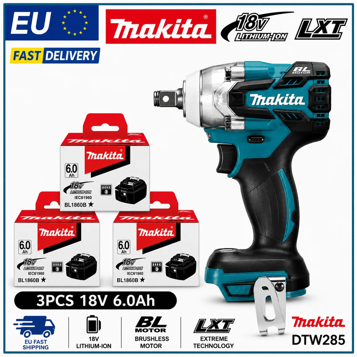 Makita DTW285 Avvitatore a Impulsi 18V 320N·m Senza Spazzole Senza Fili + Batteria 6.0Ah Utensile Elettrico ad Alta Coppia Disponibilità EU Spedizione 1-3 Giorni