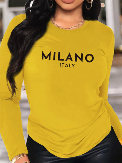 T-Shirt da Donna 100% Cotone Puro, Manica Lunga, Stampa MILANO ITALIA, Collo Tondo, Comoda e Casual per Primavera e Autunno