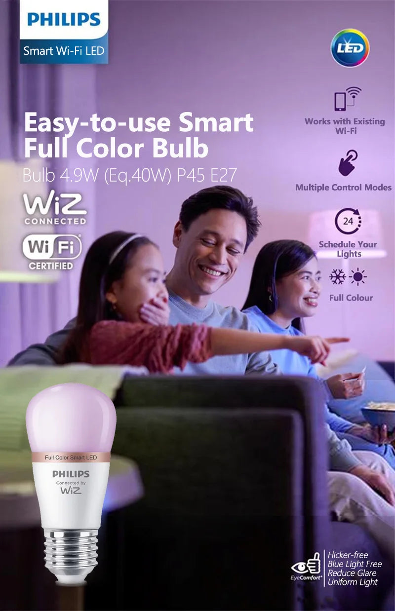 Philips 4PCS LED Smart Mini Ball E27 Lampadine WiZ 4.9W P45 Wi-Fi e Bluetooth 220-240V Lampade P dimmerabili satinate a colori