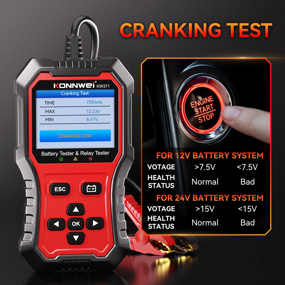 Tester Batteria Auto 2in1 KONNWEI KW371 2026 e Tester Relè a 4 Pin 5 Pin 6V 12V 24V con Stampa Dati Guasto, Test Avvio e Strumento di Scansione Ricarica