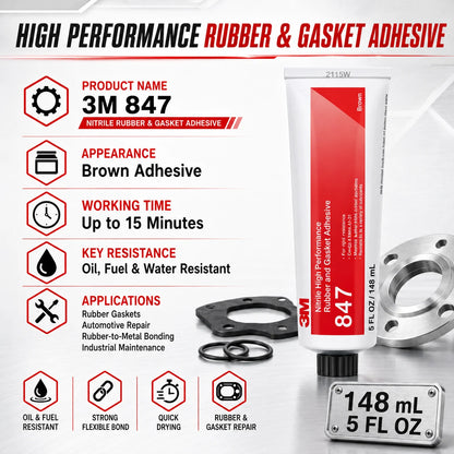 Adesivo Professionale 3M 847 per Gomma Nitrilica e Guarnizioni, Resistente a Olio e Carburante, Colla Flessibile per Riparazioni Automobilistiche