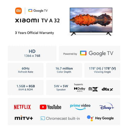 Xiaomi TV A 32, dimensioni compatte con schermo colorato, suono dinamico con audio Dolby ™ , DTS-X e DTS Virtuale:X, Fini metallici di fascia alta